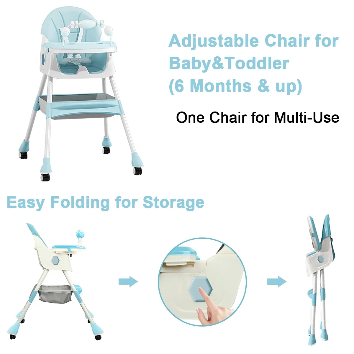 4-In-1 Baby Highchair Adjustable Kid Toddler Dining Chairs Eat & Grow Convertible Chair with 5-Point Harness, Dinner Plate, Light Blue