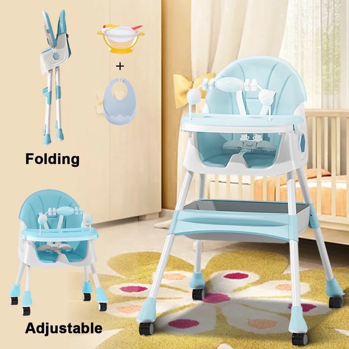 4-In-1 Baby Highchair Adjustable Kid Toddler Dining Chairs Eat & Grow Convertible Chair with 5-Point Harness, Dinner Plate, Light Blue