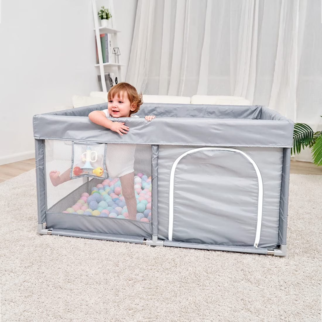 Large Playpen for Toddlers, Sturdy Baby Play Yards with Soft Breathable Mesh, Indoor & Outdoor Kids Activity for Infant Safety (50"×50")-Grey
