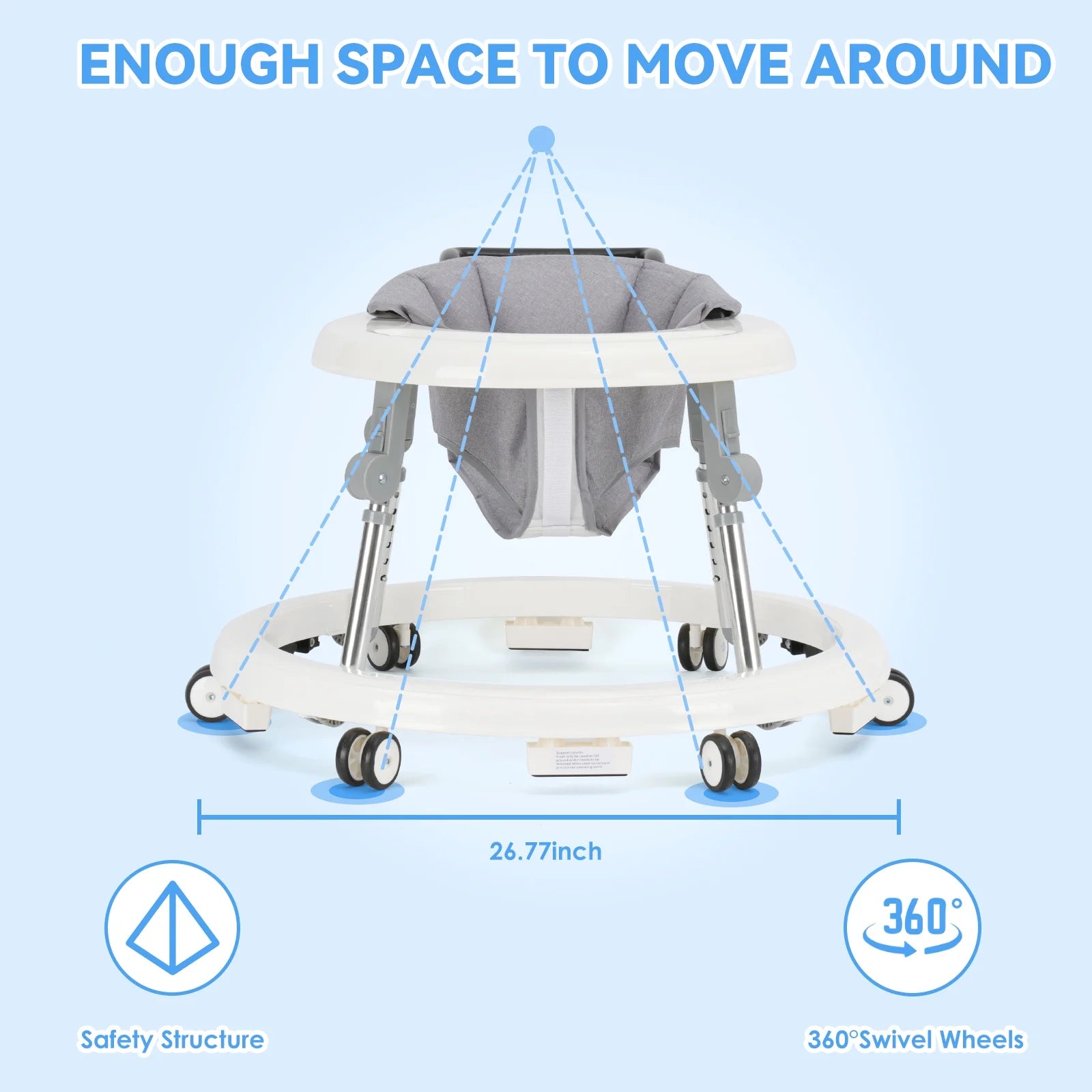 Baby Walker, Portable/Foldable/9 Adjustable Heights/With Wheels/Non-Slip Placement for 6-12 Months, White