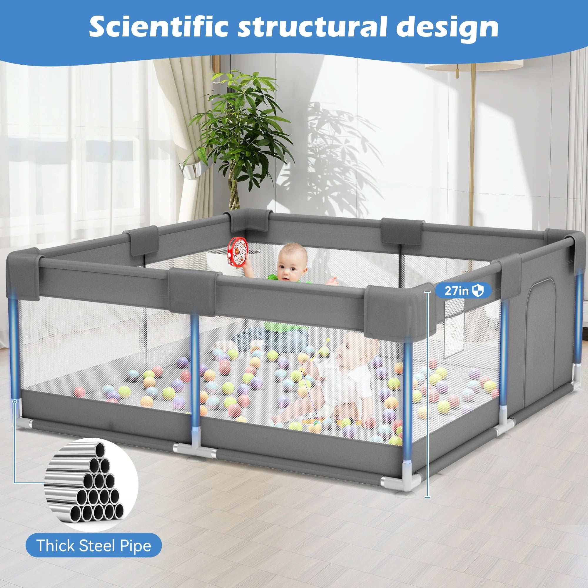 Baby Playpen,50X50 Inch Baby Playards for Babies and Toddlers,Fence Baby Play Yards for Indoor & Outdoor with Breathable Mesh,Dark Gray