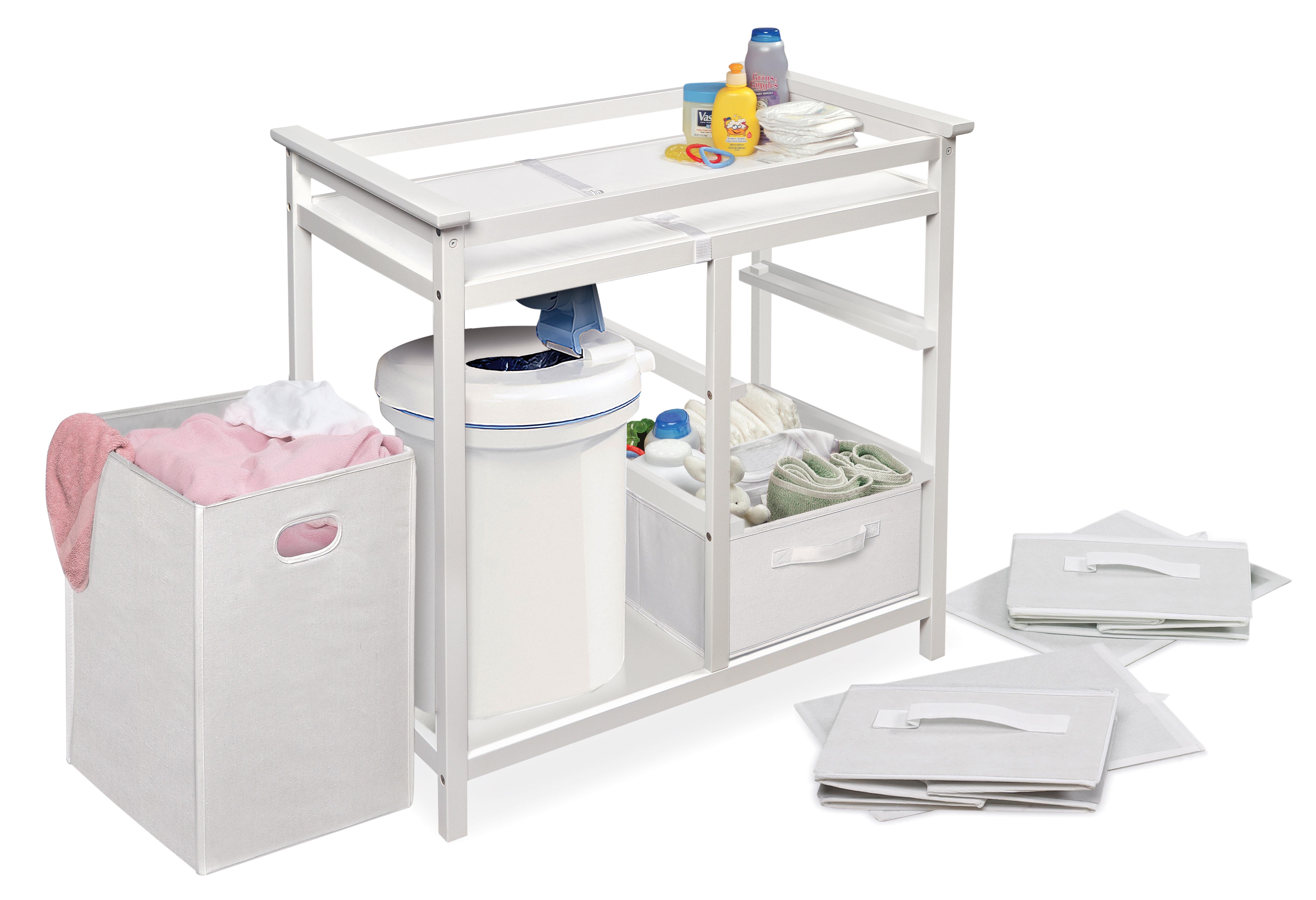 Modern Wooden Baby Diaper Changing Table with Hamper, 3 Baskets and Pad Included, White