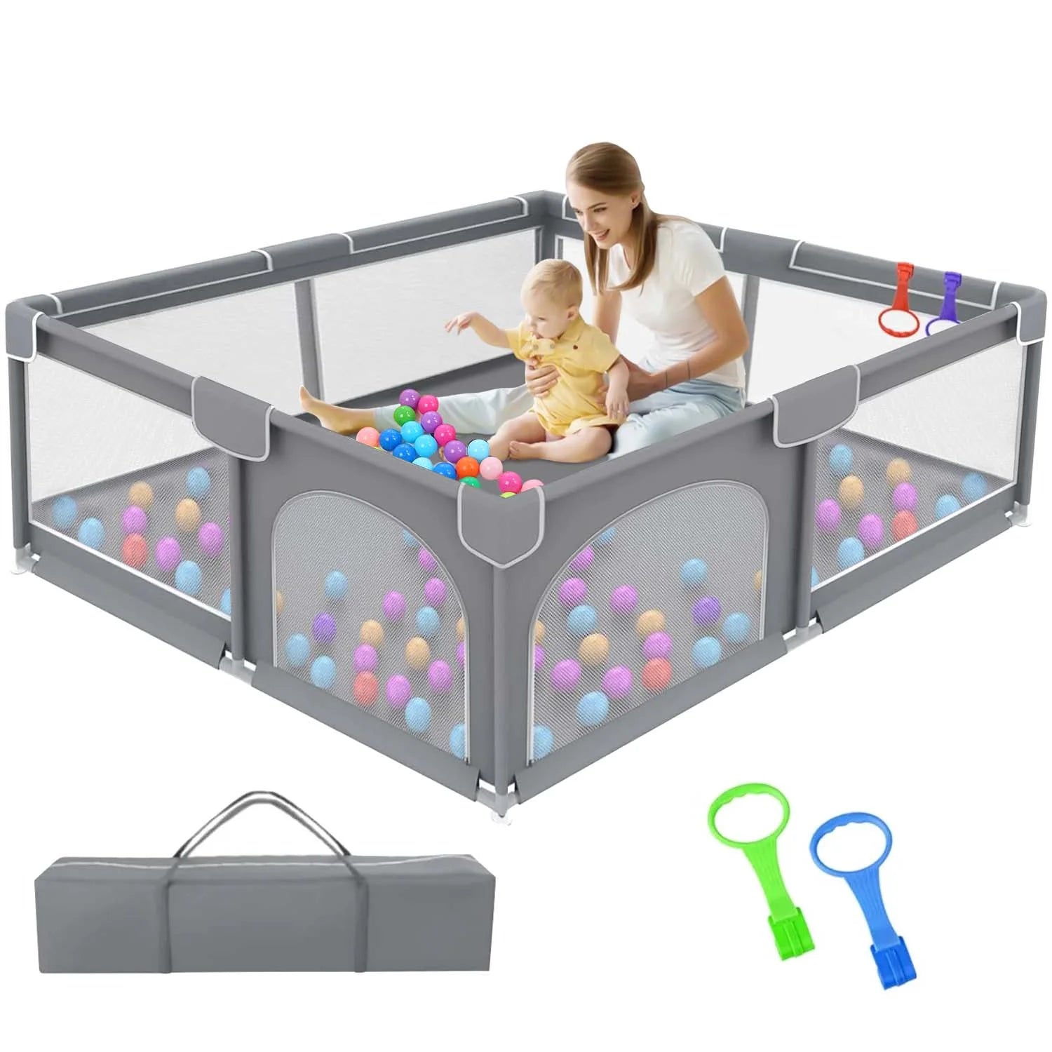Baby Playpen, 50X50X27" Large Activity Center with Gate, Anti-Slip Base, Gray