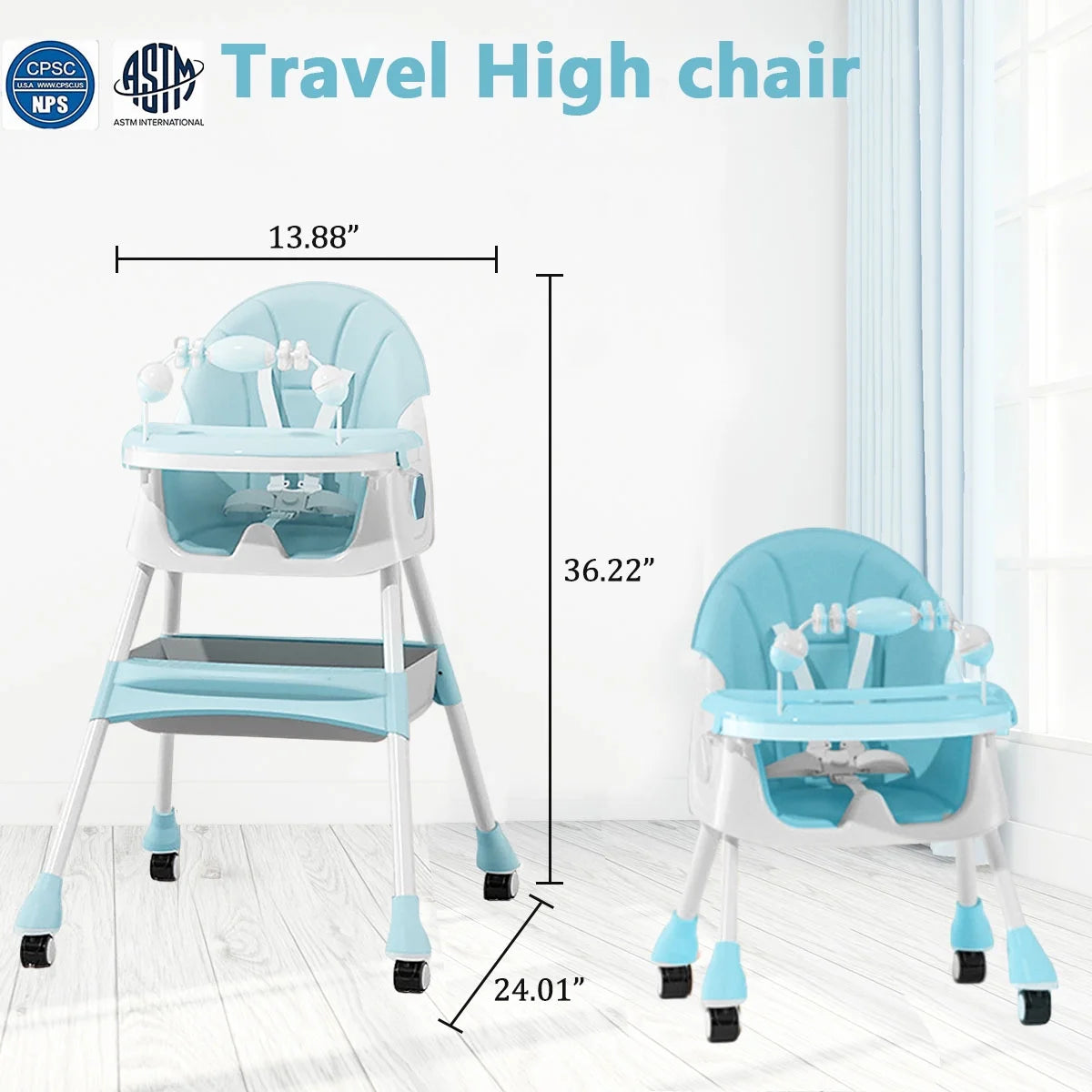 4-In-1 Baby Highchair Adjustable Kid Toddler Dining Chairs Eat & Grow Convertible Chair with 5-Point Harness, Dinner Plate, Light Blue