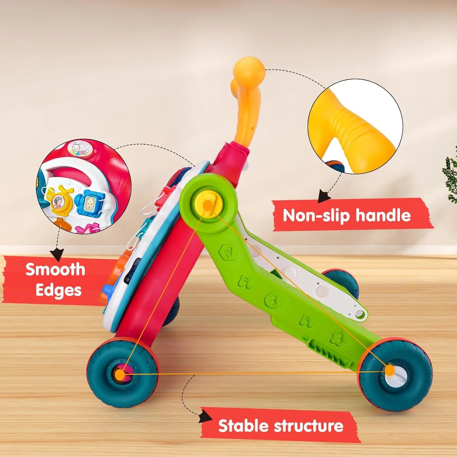 5-In-1 Baby Walker, Adjustable Height Push Walker with Wheels, Sit to Stand Infant Learning Toy for Boys Girls, Red