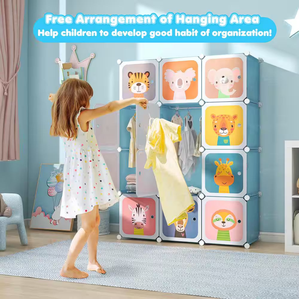 12-Cube Kids Wardrobe Baby Dresser Bedroom Armoire Clothes Hanging Closet with Door Blue