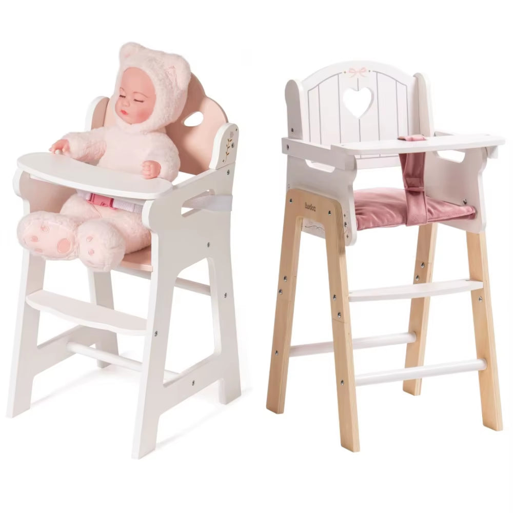 Robud Doll High Chair Pretend Play High Chair with Seat Belt White Wooden Baby Doll Accessories with Movable Tabletop