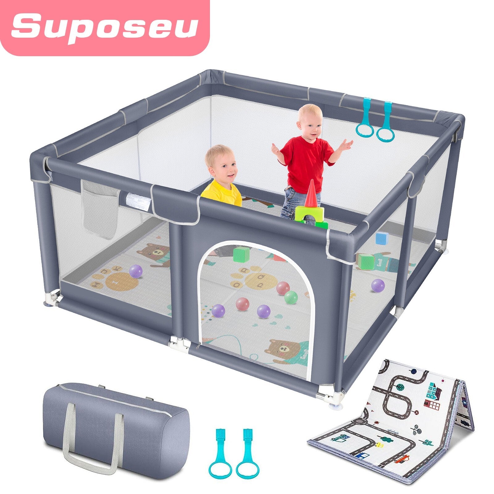 Foldable Baby Playpen Kids Safety Play Pen Yard Fence Tent + Anti-Slip Mat