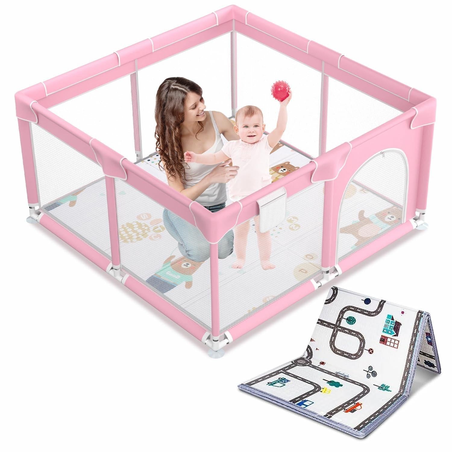 Foldable Baby Playpen Kids Safety Play Pen Yard Fence Tent + Anti-Slip Mat