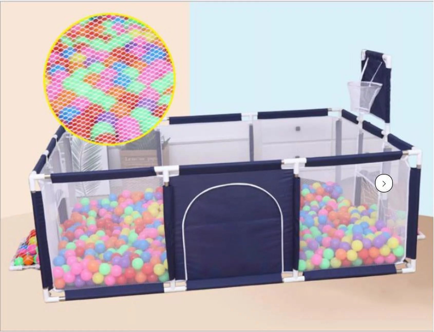 91 Inch Large Kid Baby Playpen Playard with Basketball Hoop,Folding Breathable Mesh Infant Children Play Game Fence for Indoors Outdoors Home