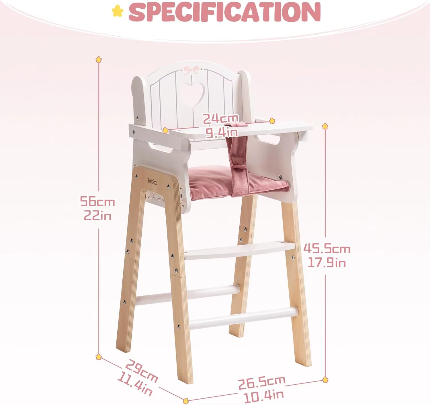 Robud Doll High Chair Pretend Play High Chair with Seat Belt White Wooden Baby Doll Accessories with Movable Tabletop