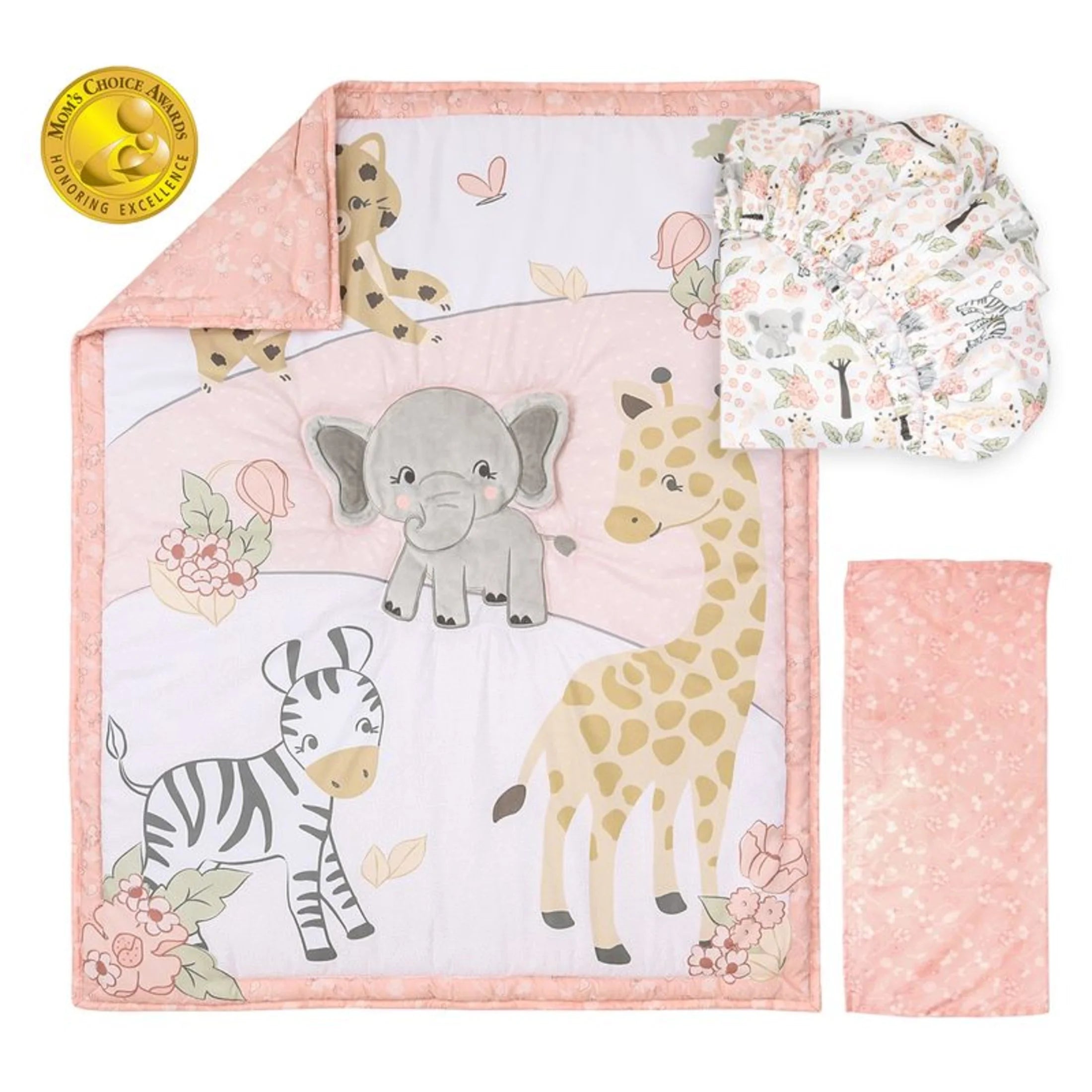 Pink and Grey Wildest Dreams Crib Bedding Set for Baby Girls, 3 Piece Nursery Set