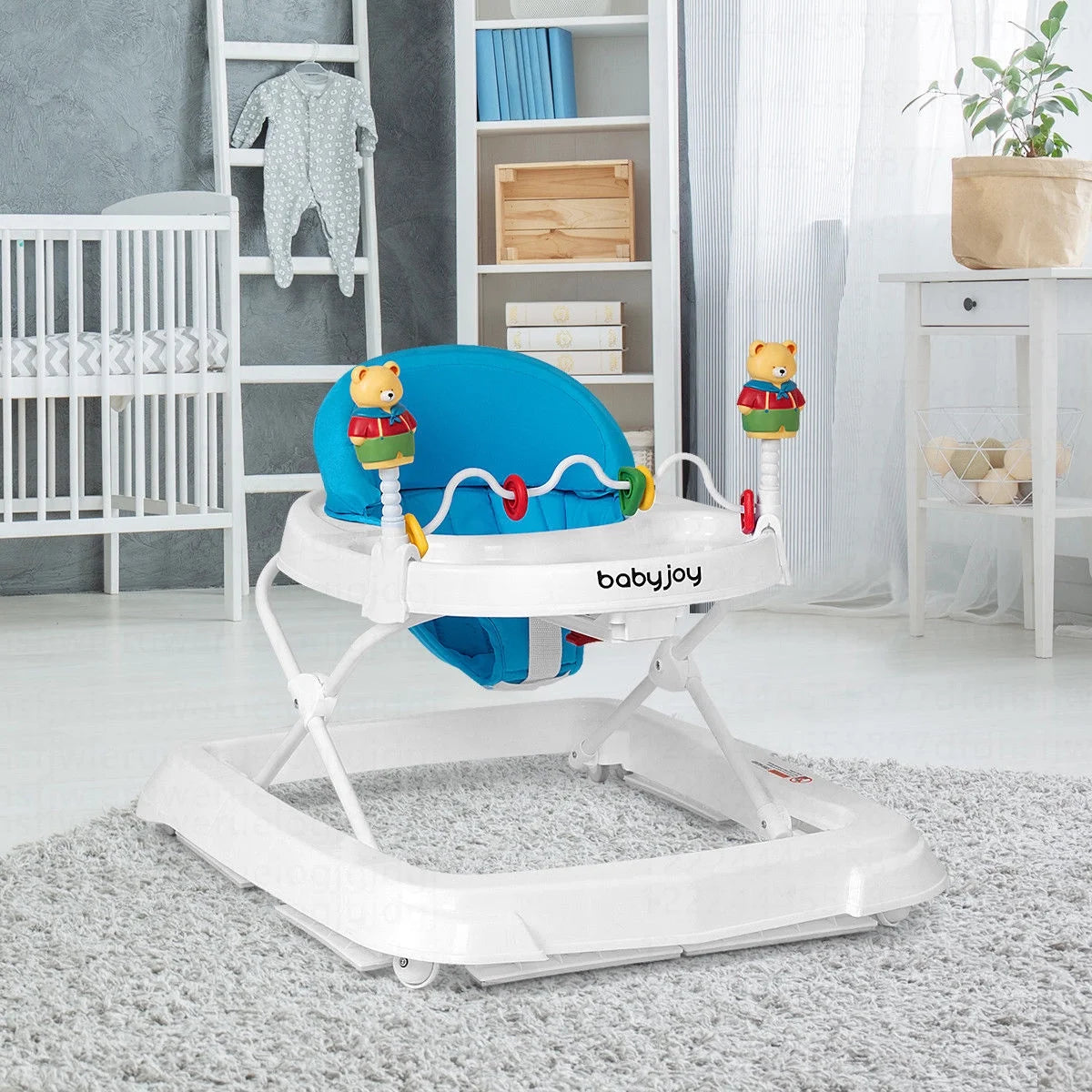 Baby Walker Adjustable Height Removable Toy Wheels Folding Portable Blue