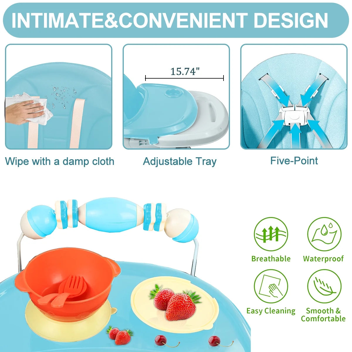 4-In-1 Baby Highchair Adjustable Kid Toddler Dining Chairs Eat & Grow Convertible Chair with 5-Point Harness, Dinner Plate, Light Blue