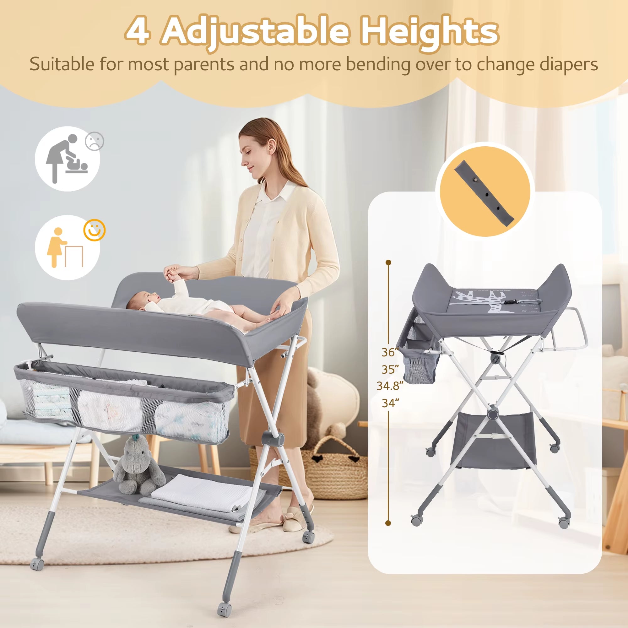 Portable Baby Changing Table with Wheels, Foldable Changing Station, Waterproof Height Adjustable Changing Table
