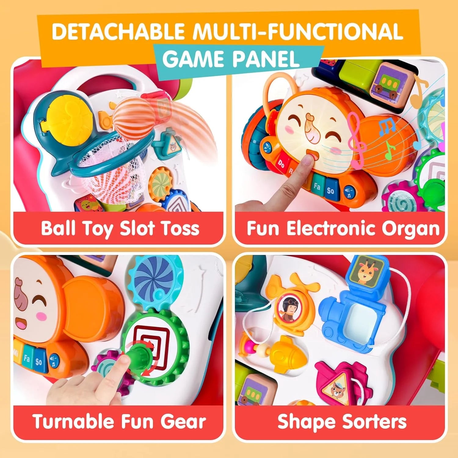 5-In-1 Baby Walker, Adjustable Height Push Walker with Wheels, Sit to Stand Infant Learning Toy for Boys Girls, Red